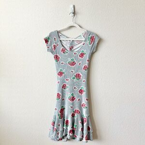 Betsey Johnson Floral Stripe Ruched Ruffle Mini Dress In Blue Size P XS